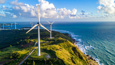Aerial view of wind turbines on the coast of Azores, Portugalの素材