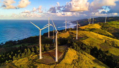 Wind turbines on the island of Sao Miguel, Azores, Portugalの素材