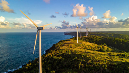 Aerial view of wind turbines on the north coast of Madeira island, Portugalの素材
