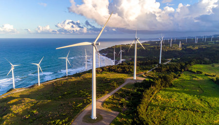 Aerial view of wind turbines on the coast of Costa Rica.の素材
