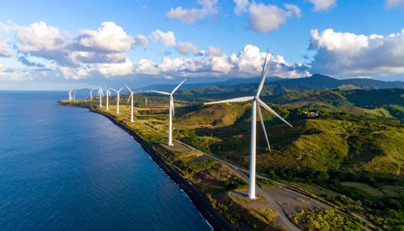 Wind turbines at sunset on the coast of Galicia, Spain.の素材