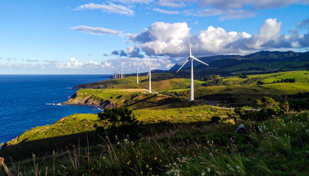 Wind turbines on the hillside of Madeira island, Portugal.の素材