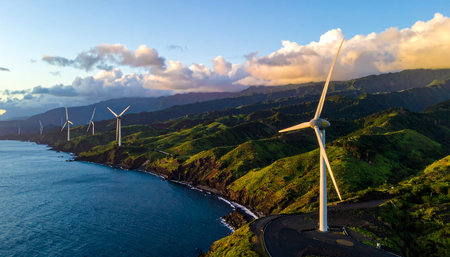 Aerial view of wind turbines on the hill in Costa Rica.の素材