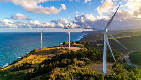 Aerial view of wind turbines at sunset, Maui, Hawaiiの素材