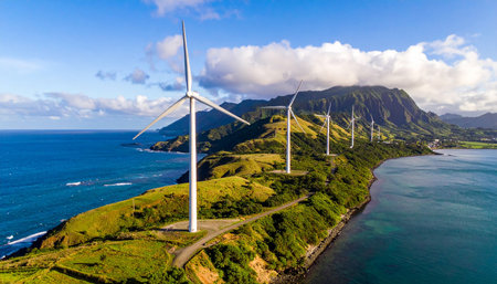 Aerial view of wind turbines on the seashore at sunset.の素材