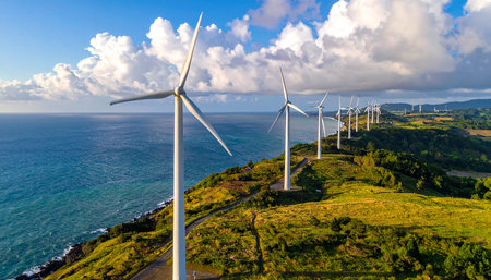 Wind turbines on the coast of the island of Madeira, Portugalの素材