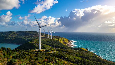 Wind turbines generating clean energy on the island of Madeira, Portugalの素材