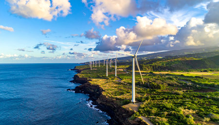 Aerial view of wind turbines on the coast of La Palma, Canary Islands, Spainの素材