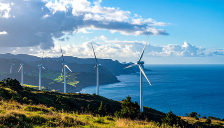 Wind turbines on the coast of the island of Sao Miguel, Azoresの素材