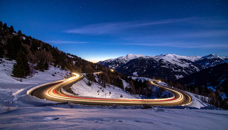 Night view of the snow-covered alps and the road with car light trailsの素材