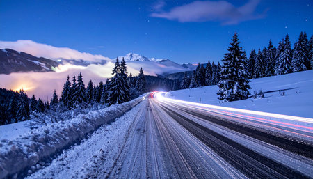 Car light trails on winter mountain road at night. Car lights trails in snowy mountains at night.の素材