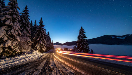 Night road in the Carpathian mountains. Car lights on the road.の素材