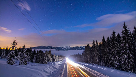 Beautiful winter landscape with snowy mountains at night. Car trails in the snow.の素材