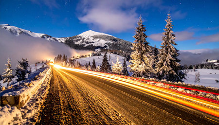 Winter road in the mountains. Car light trails on the road.の素材