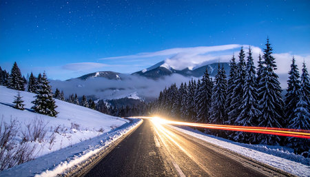 Winter road in the Carpathian mountains. Ukraine, Europe.の素材
