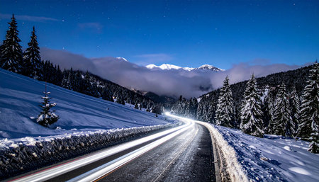 Winter road in the mountains at night with beautiful starry sky.の素材