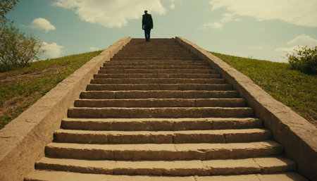 Man walking up the stairs to the top of the hill in the countrysideの素材