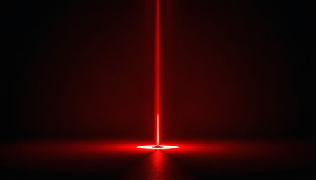 3d illustration of red laser beam on dark background with copy spaceの素材