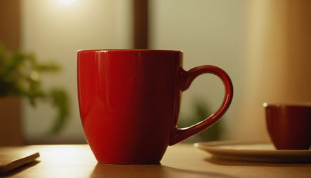 Red coffee cup on a wooden table in a coffee shop, stock photoの素材