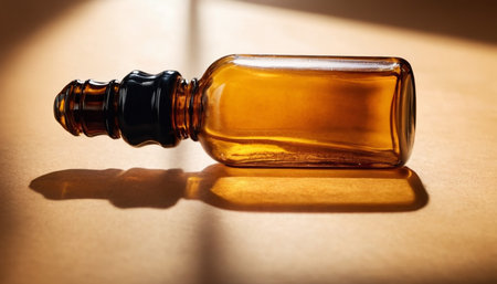 Essential oil in a glass bottle on a light background with shadowsの素材