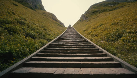 Stairs up to the mountain in the mountains. A man walks up the stairs.の素材