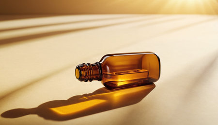 Bottle of oil on a beige background with sunlight. 3d renderingの素材