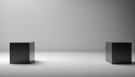3d rendering of black cube podium on gray background. Mock up for show product.の素材