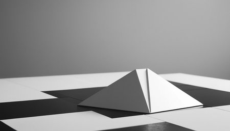 3d rendering of origami pyramid on a black and white backgroundの素材