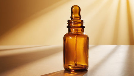 Amber glass dropper bottle on a white table with sunbeamsの素材