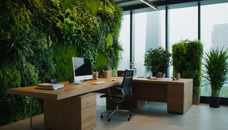 Modern wooden office interior with green plants on the wall. Nobody insideの素材