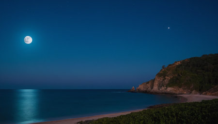 Moon over the sea and the coast of Costa Brava, Catalonia, Spainの素材