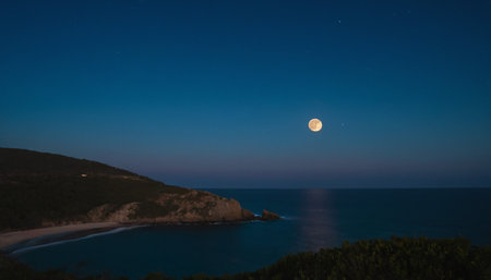 Full moon over the sea at night in Sardinia, Italy.の素材
