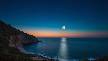 Moonrise over the sea. Panoramic view of the sea.の素材
