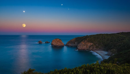 Moonrise over the sea. Panoramic view of the beach and the cliffs.の素材