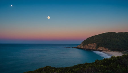 Aerial view of beautiful seascape at night with full moonの素材