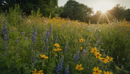 Wildflowers on a meadow at sunset in summertime.の素材