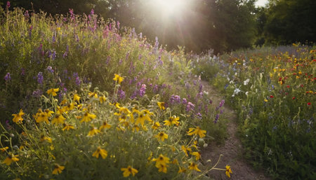 Wildflowers in the meadow at sunset. Beautiful summer landscape.の素材
