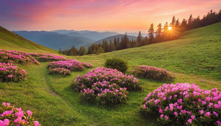 Magic pink rhododendron flowers on mountain meadow at sunsetの素材