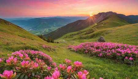 Rhododendron flowers on meadow in mountains at sunsetの素材
