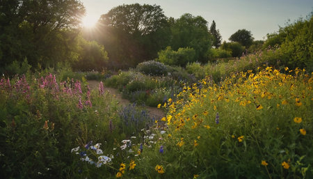 Sunset in the summer garden with wildflowers and green grassの素材