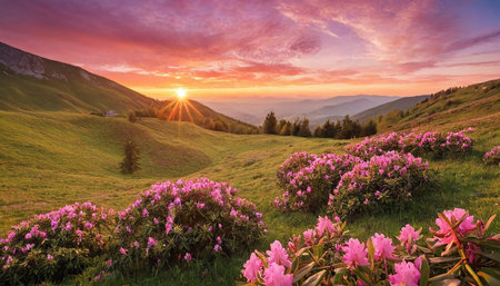 Majestic sunset in the mountains landscape with pink rhododendron flowersの素材