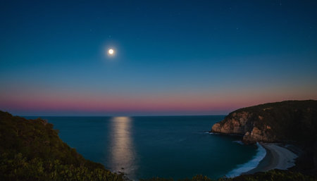 Moon over the ocean at night. Dramatic sky with full moon.の素材