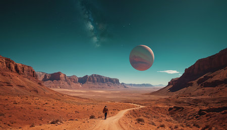 Fantasy alien planet. Mountain and moon. 3d illustration.の素材
