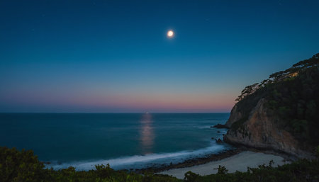 Moonlight over the sea at night, Cape Kaliakra, Bulgariaの素材