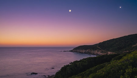 Sunset over the sea with a moon in the sky and green vegetationの素材