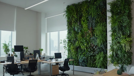 Modern office interior with green plants on the wall. 3d renderingの素材