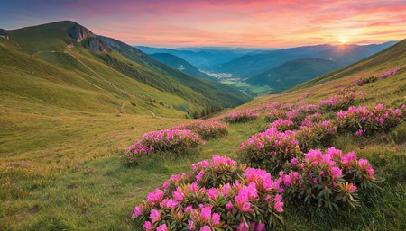 Mountain meadow with pink rhododendron flowers at sunsetの素材