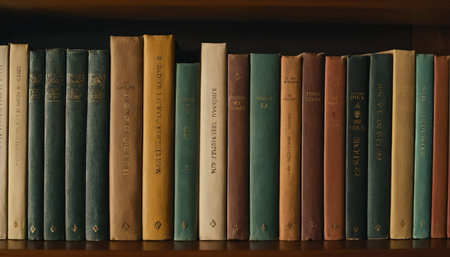 Old books on a shelf in a library, close-up.の素材