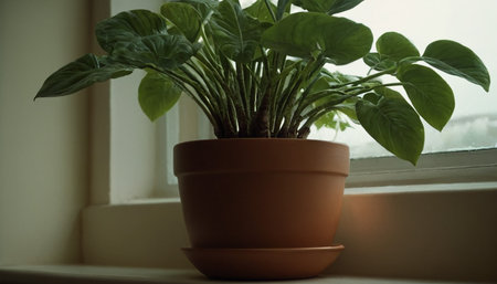Houseplants in a pot on the windowsill in the morningの素材