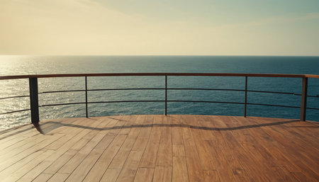 Wooden deck on the background of the sea and the sky.の素材